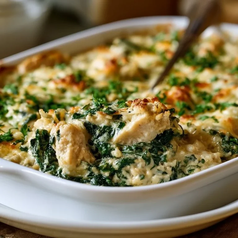 Creamy chicken and spinach casserole baked in a dish, garnished for presentation.