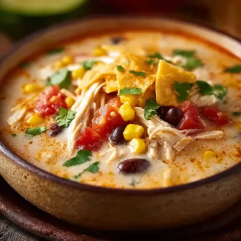 Bowl of creamy chicken taco soup topped with cilantro and tortilla strips
