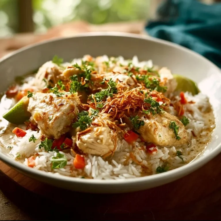 Creamy coconut chicken rice bowl garnished with herbs and served in a bowl