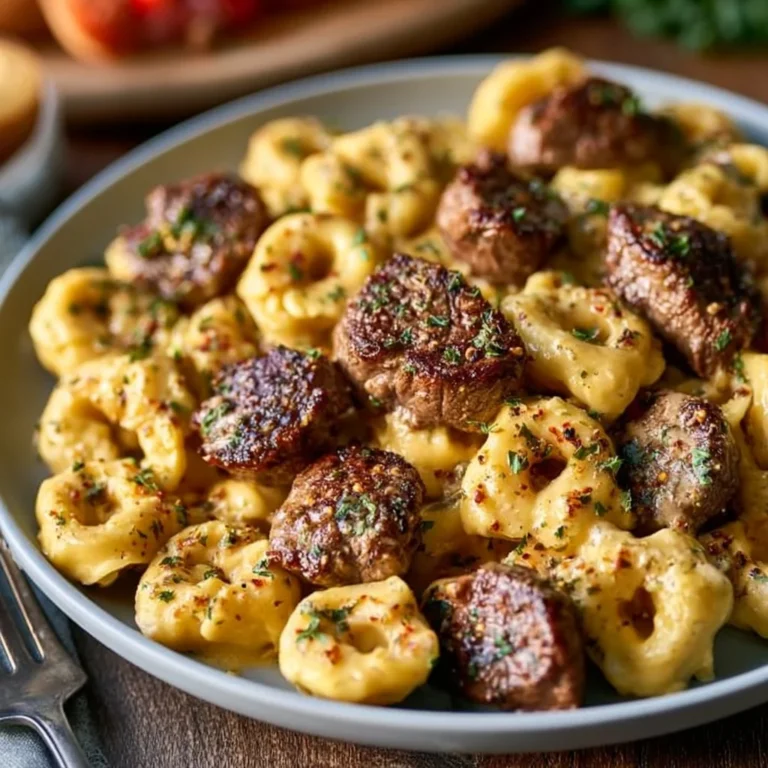 Creamy Cowboy Butter Tortellini with steak bites garnished with herbs