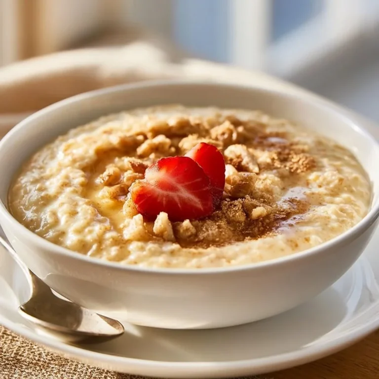 Bowl of creamy custard oatmeal topped with fresh fruit and nuts