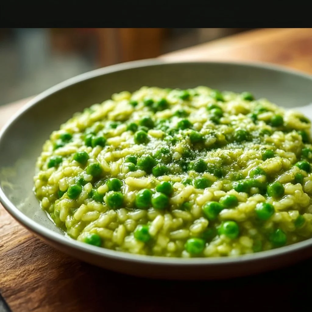 Creamy green pea risotto in a white bowl topped with fresh herbs