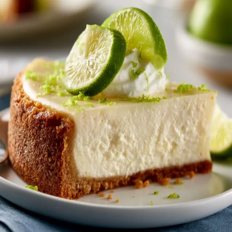 Delicious creamy Key Lime Cheesecake topped with lime zest and whipped cream.