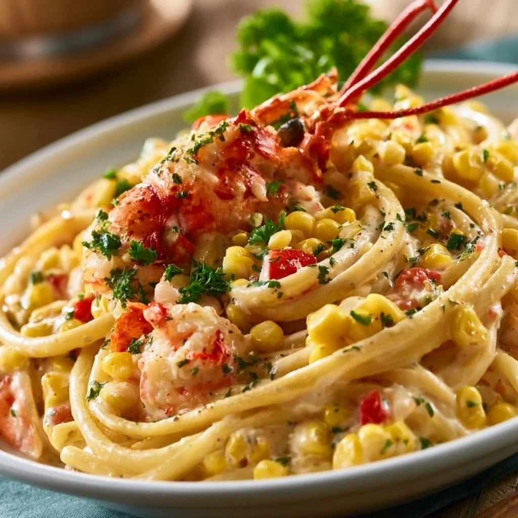 Creamy lobster pasta garnished with fresh corn in a delicious sauce.