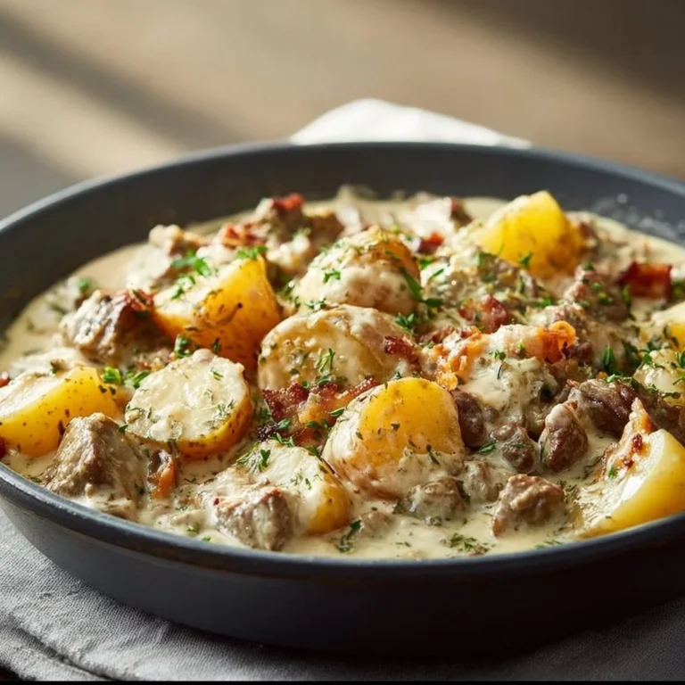 Creamy meat and potato skillet dish served in a skillet