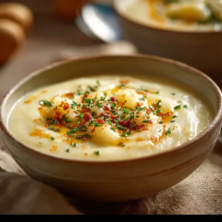 Bowl of creamy Pioneer Woman potato soup garnished with herbs