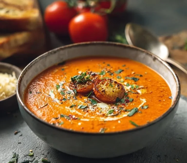 Bowl of creamy roasted garlic tomato soup garnished with fresh herbs.