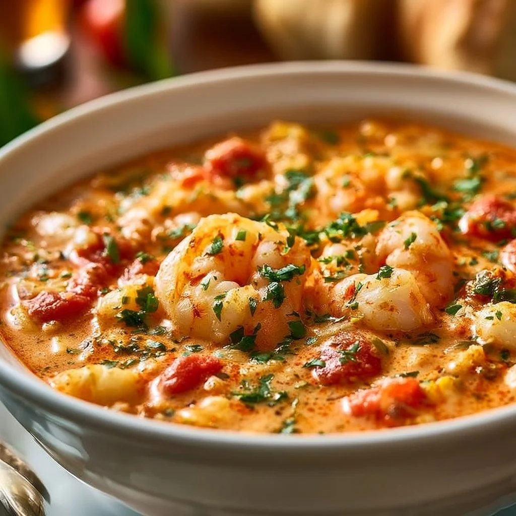 Bowl of creamy seafood shrimp chili garnished with herbs