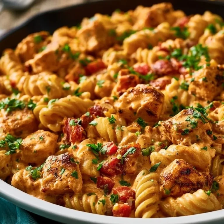 Creamy smoky Cajun BBQ chicken pasta skillet served in a bowl.