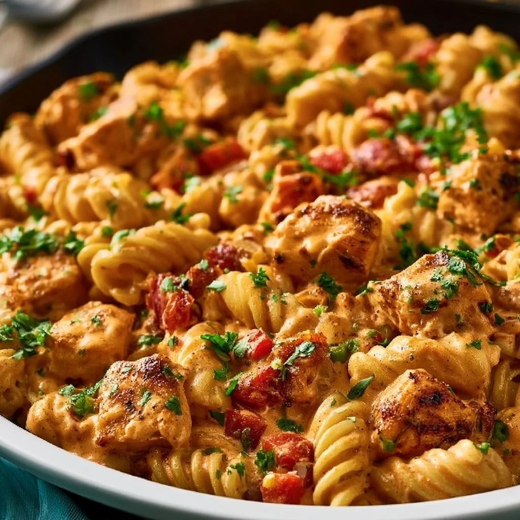 Creamy smoky Cajun BBQ chicken pasta skillet served in a bowl.