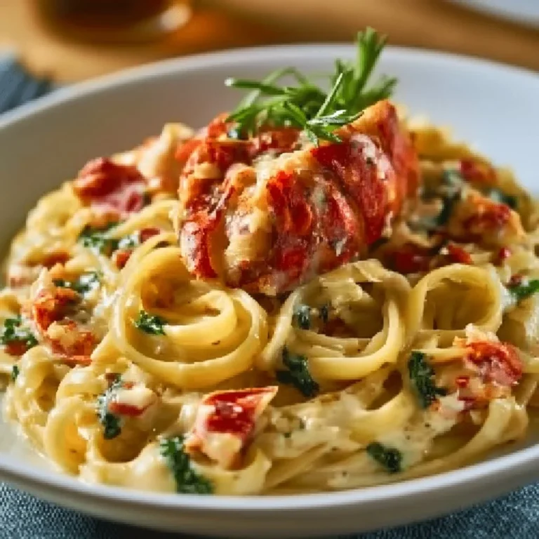Creamy Tuscan lobster pasta with fresh herbs and Parmesan cheese