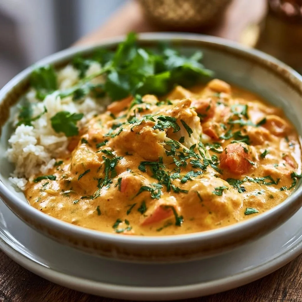 Bowl of creamy vegetable korma garnished with fresh herbs.