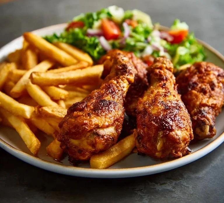 Crispy chicken drumsticks served with fries and salad on a plate