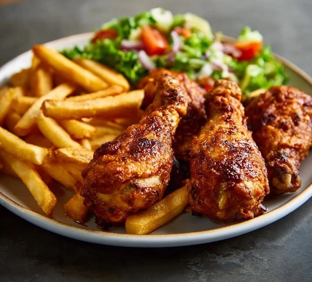 Crispy Chicken Drumsticks with Fries and Salad