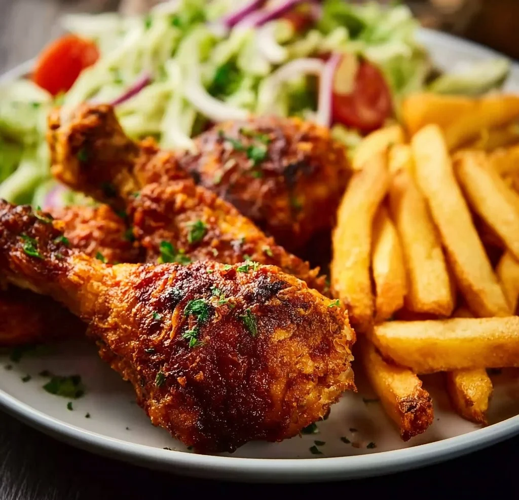 Crispy Chicken Drumsticks with Fries and Salad