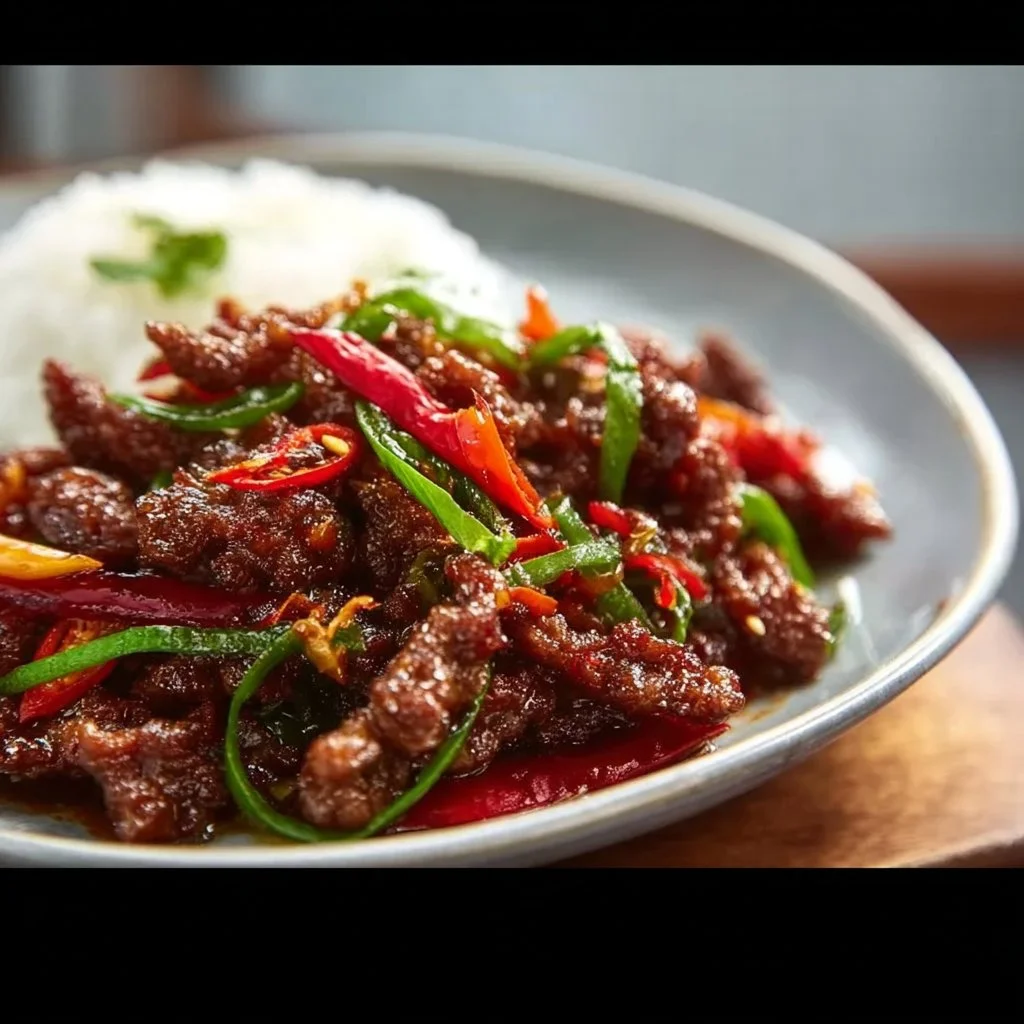 A plate of crispy chilli beef garnished with fresh herbs and chili peppers.