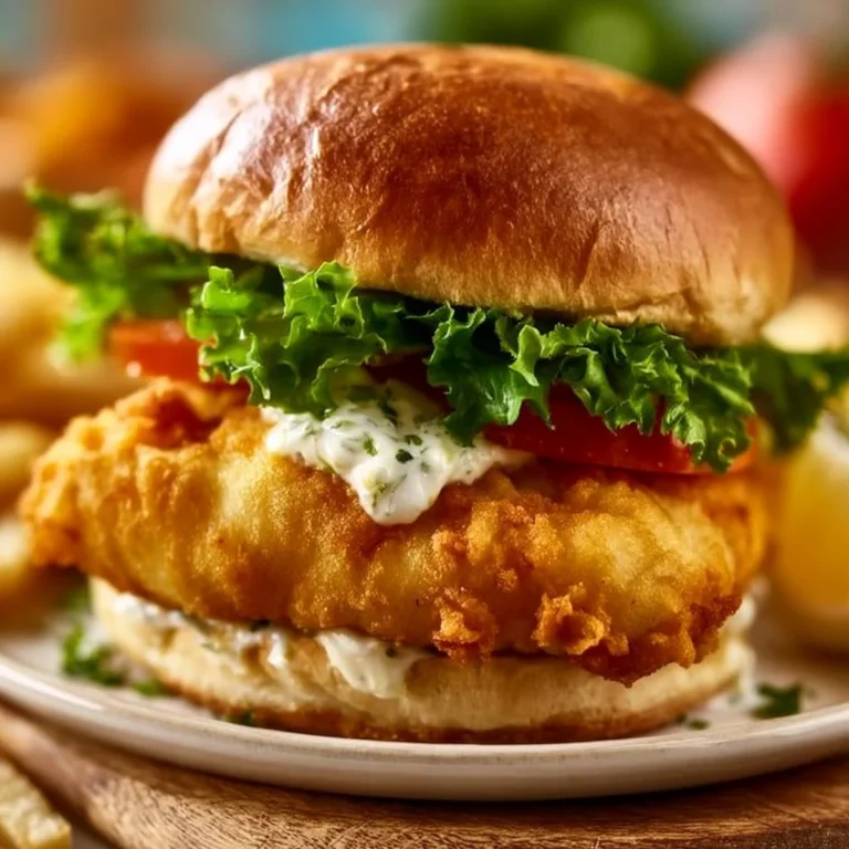 Crispy fried cod sandwich with fresh toppings on a toasted bun