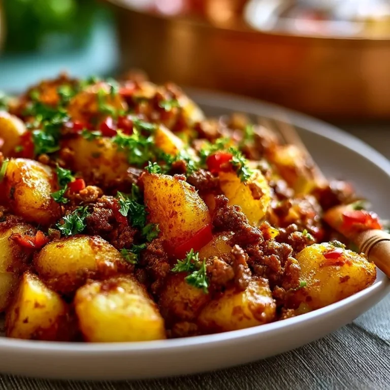 Crispy ground beef and potatoes served in a skillet, garnished with herbs.