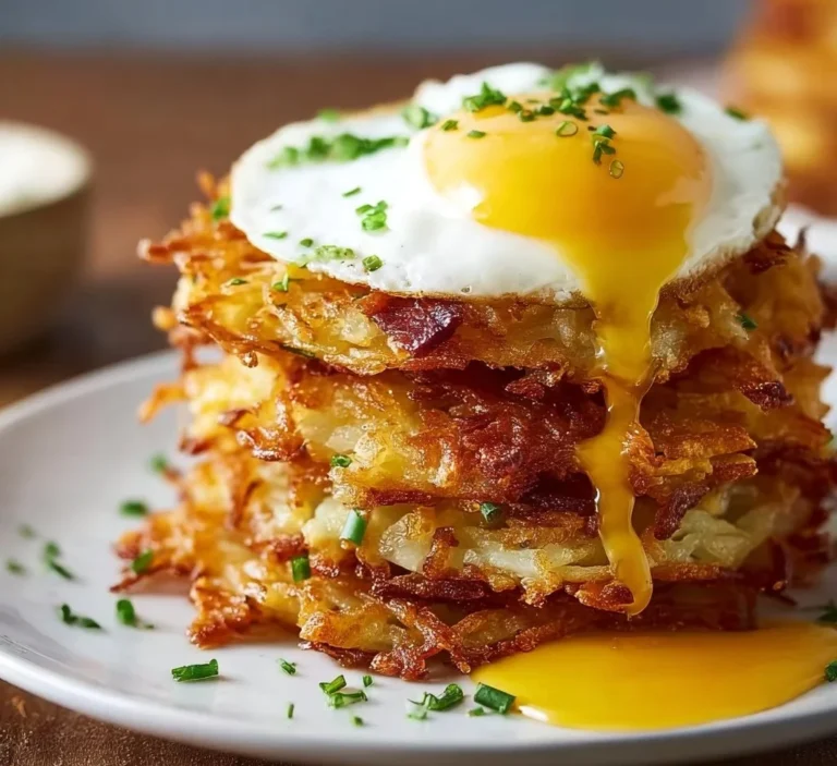 Crispy hash browns breakfast stacks topped with eggs and avocado