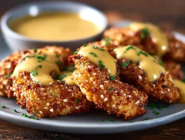 Crispy Pretzel Chicken with Mustard Cheddar Sauce on a plate