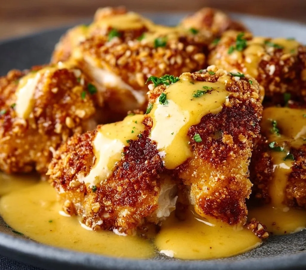 Crispy Pretzel Chicken with Mustard Cheddar Sauce