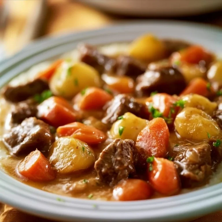 A hearty bowl of Crock Pot beef stew filled with vegetables and tender meat.