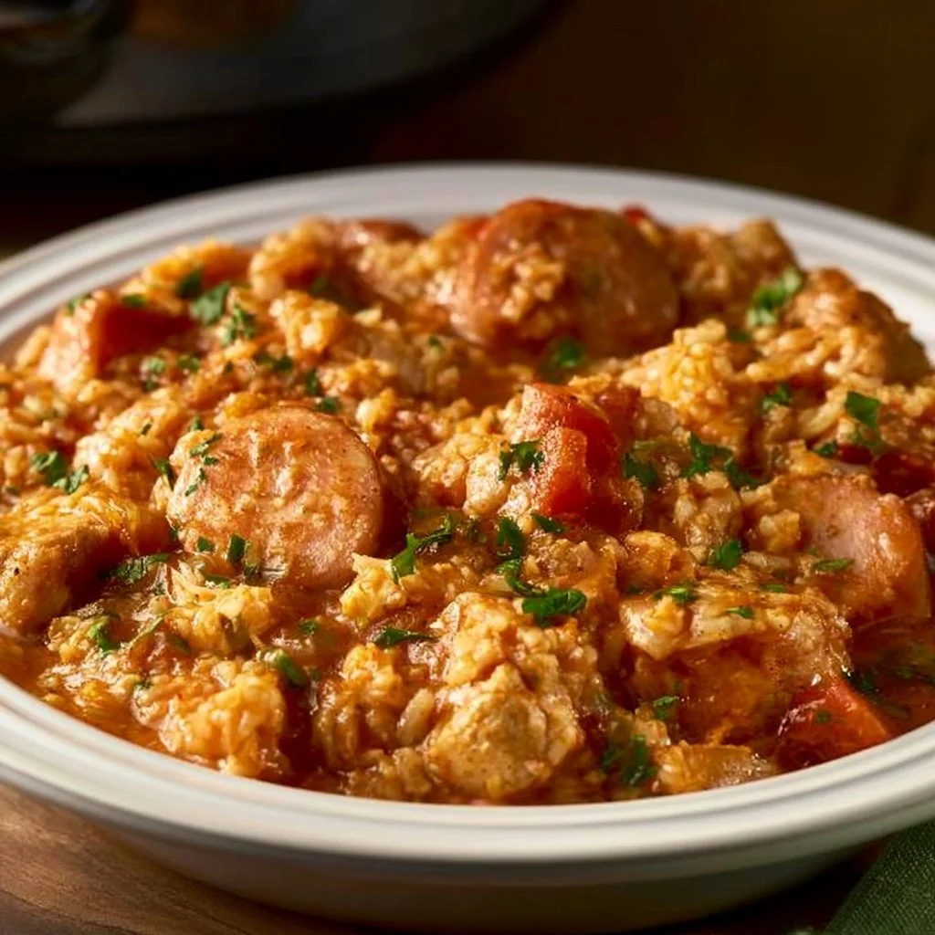 Delicious Crock Pot Jambalaya served in a bowl with spices and ingredients.