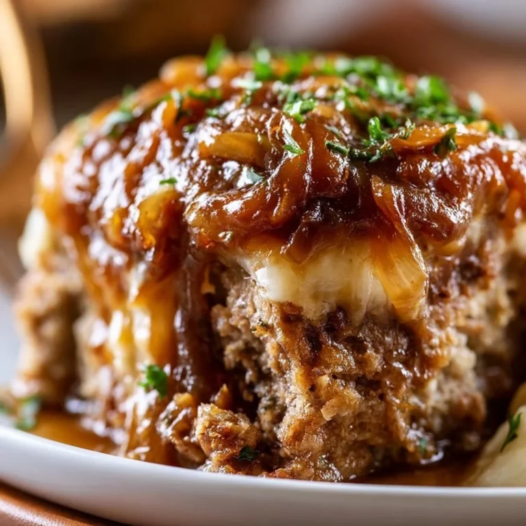 Delicious Crockpot French Onion Meatloaf with melted cheese on top