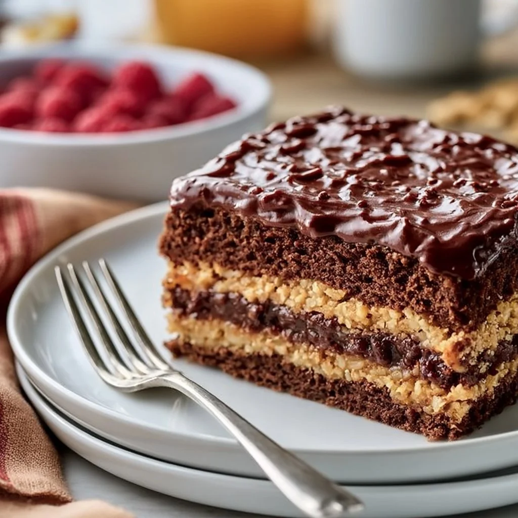 Dark chocolate almond layer cake with rich frosting and sliced almonds on top.