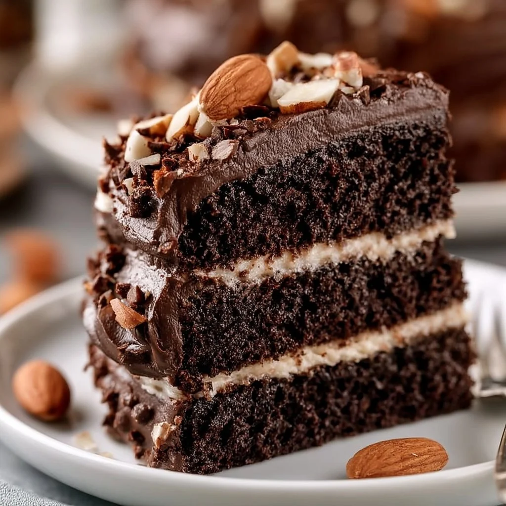 Dark chocolate almond layer cake with cream frosting on a serving plate