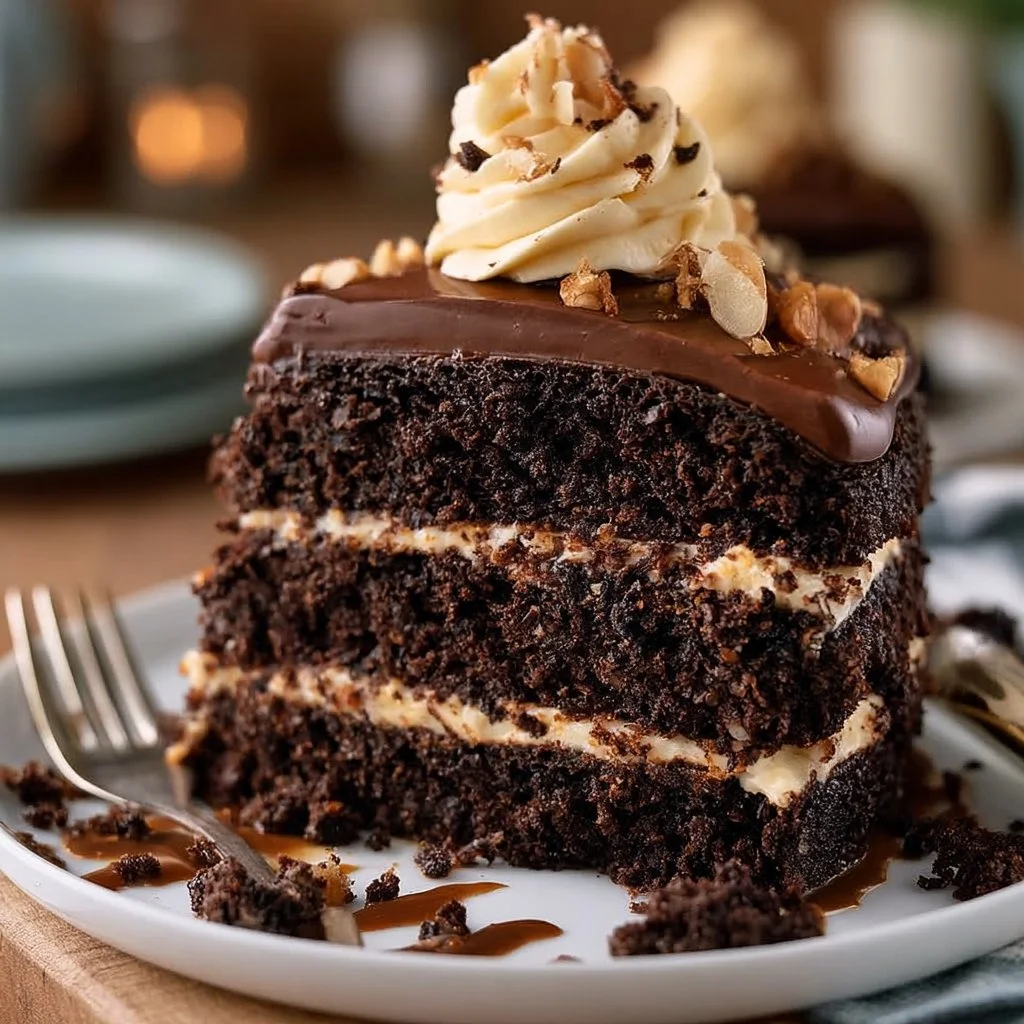 Dark Chocolate Almond Layer Cake with Cream Frosting