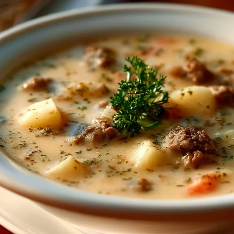 Creamy Potato and Ground Beef Soup in a bowl garnished with herbs