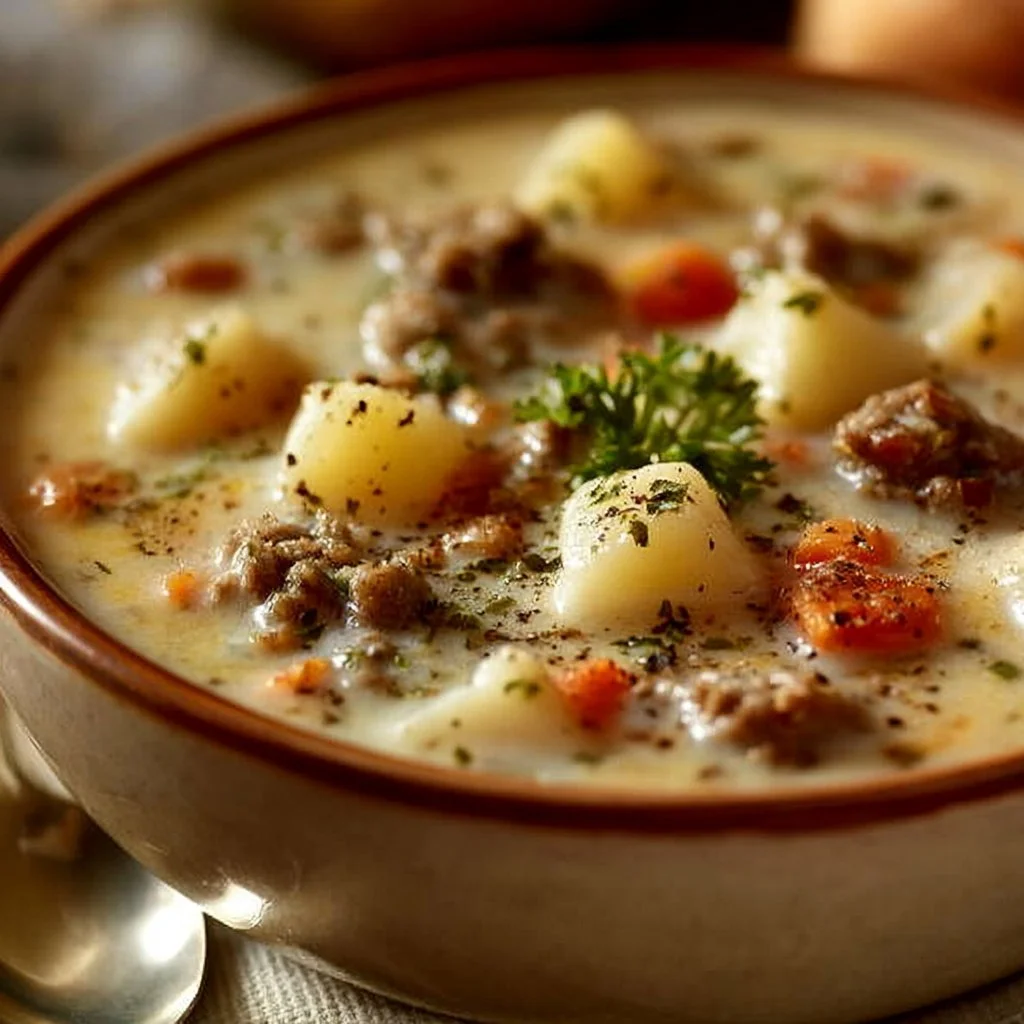 Delicious creamy Potato And Ground Beef Soup
