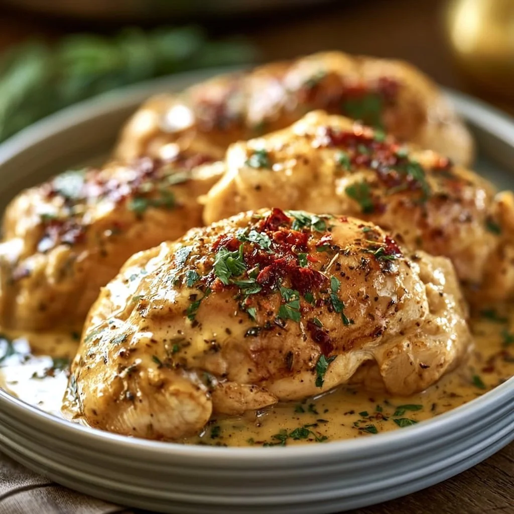 Dump and Go Crockpot Marry Me Chicken recipe with creamy sauce and herbs.