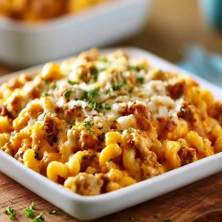 Easy cheesy ground turkey pasta casserole baked to perfection