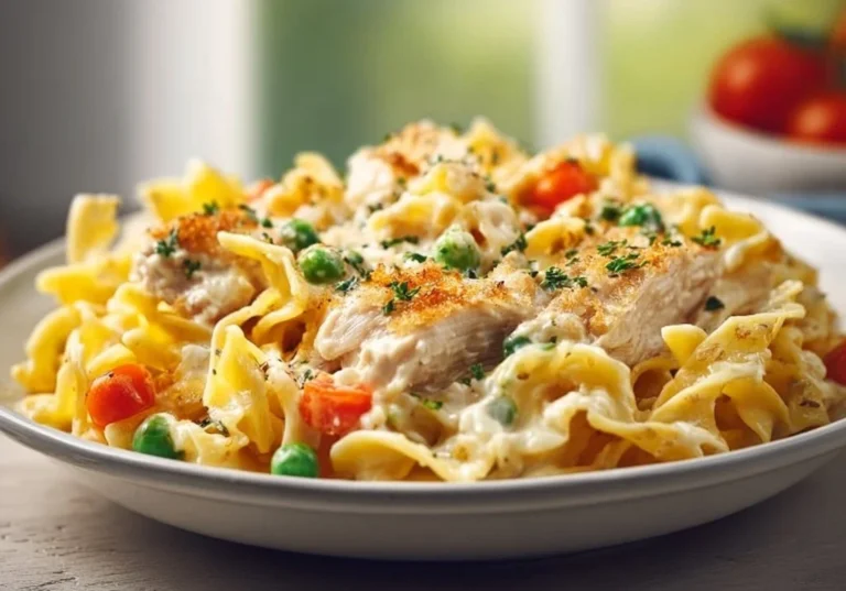 Delicious easy chicken noodle casserole topped with cheese and herbs.
