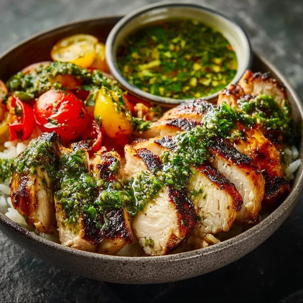 Chimichurri grilled chicken bowl with garlic sauce and fresh ingredients