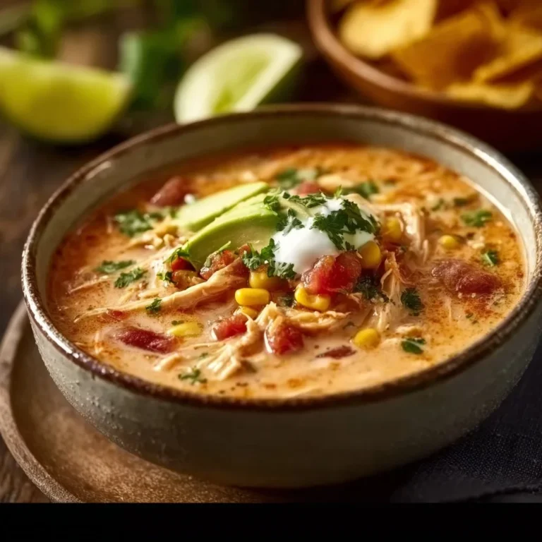 Bowl of easy creamy chicken taco soup topped with fresh cilantro and avocado.