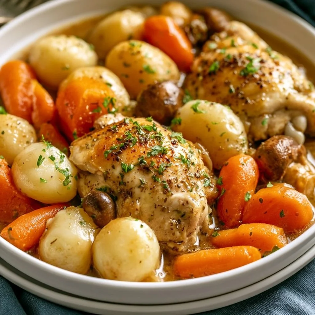 Crockpot garlic herb chicken with fresh vegetables in a cozy meal setting.