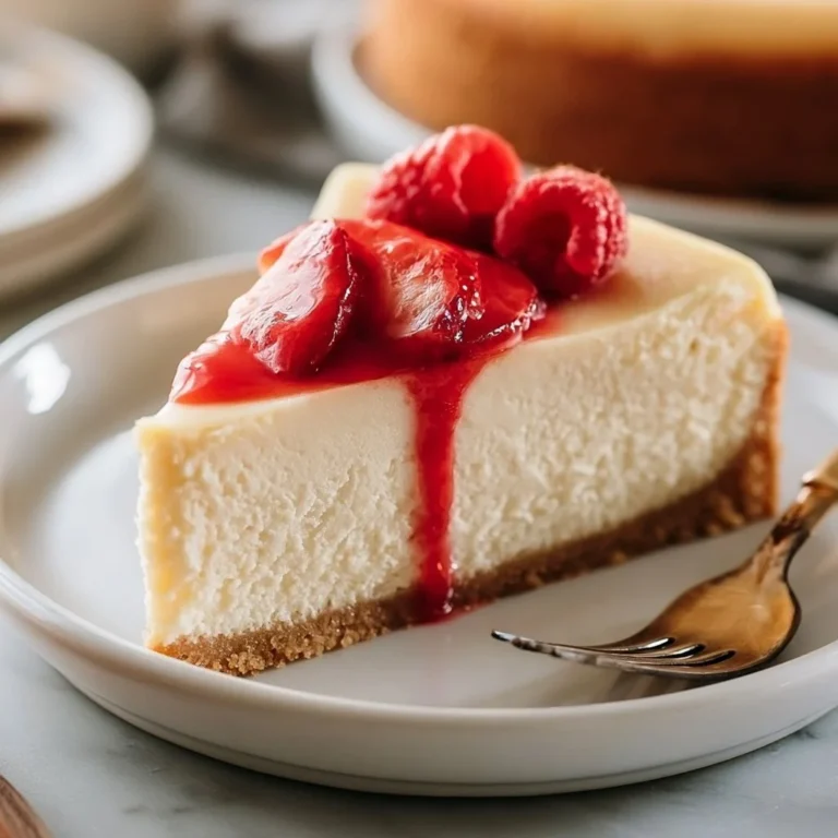 Slice of Easy New York Cheesecake topped with fresh strawberries