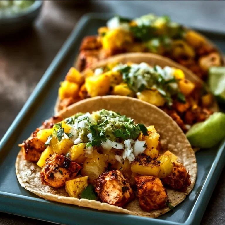 Delicious one-pan chicken and pineapple tacos served on a plate