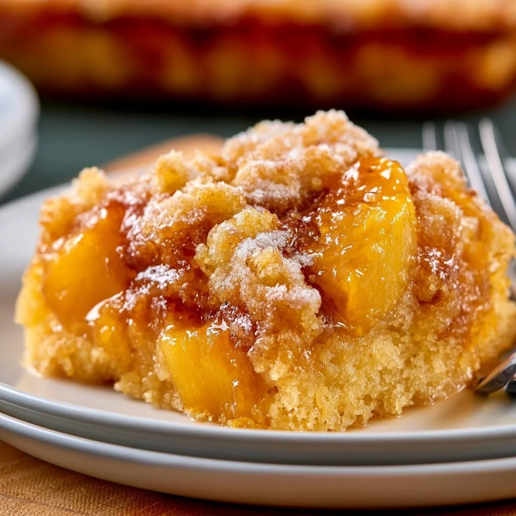 Delicious easy peach cobbler dump cake fresh from the oven