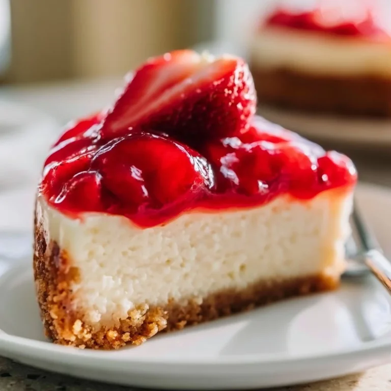 Delicious easy strawberry cheesecake topped with fresh strawberries