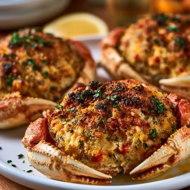 Plate of easy stuffed crab with a golden brown topping and fresh herbs