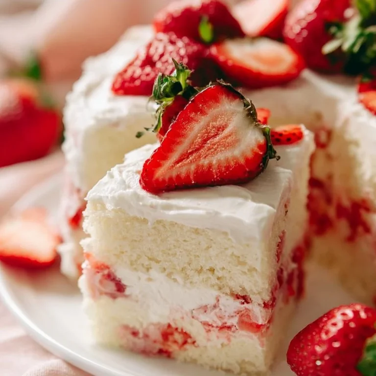 Fresh strawberry cake topped with strawberries and cream, perfect summer dessert