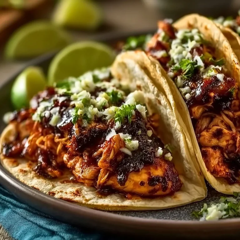 Garlic butter honey BBQ chicken tacos served on a wooden platter with fresh toppings