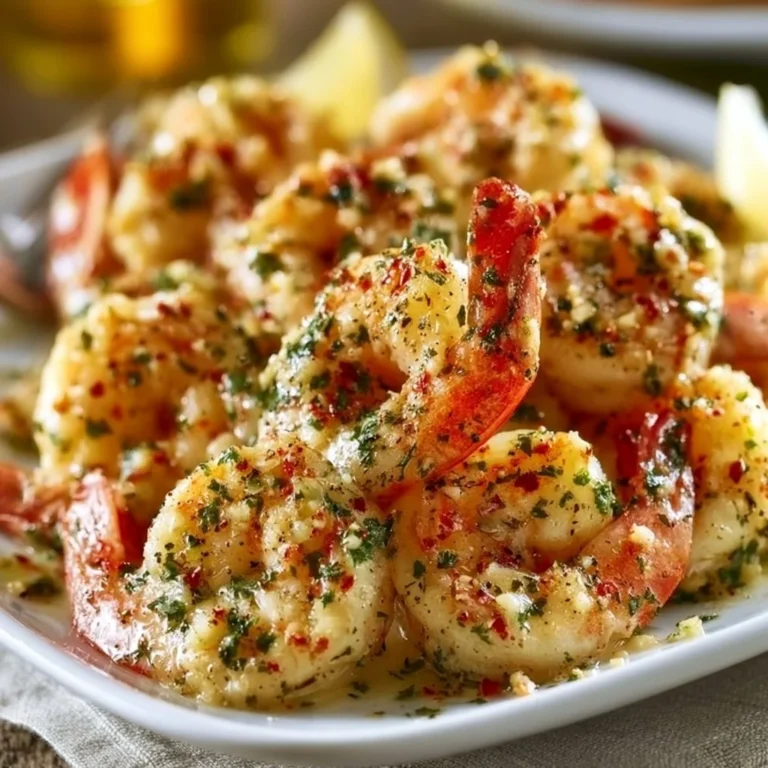 Plate of delicious Garlic Butter Shrimp Scampi with lemon and parsley garnish