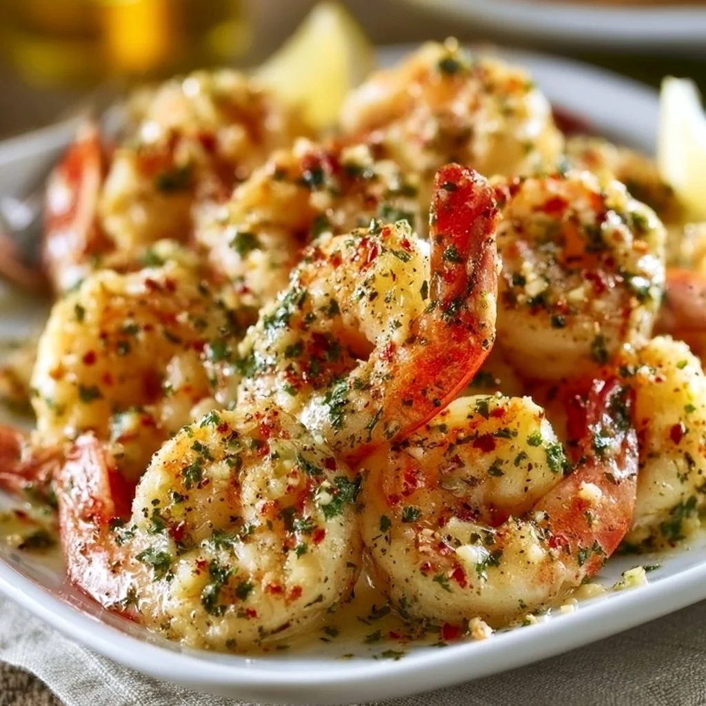 Plate of delicious Garlic Butter Shrimp Scampi with lemon and parsley garnish