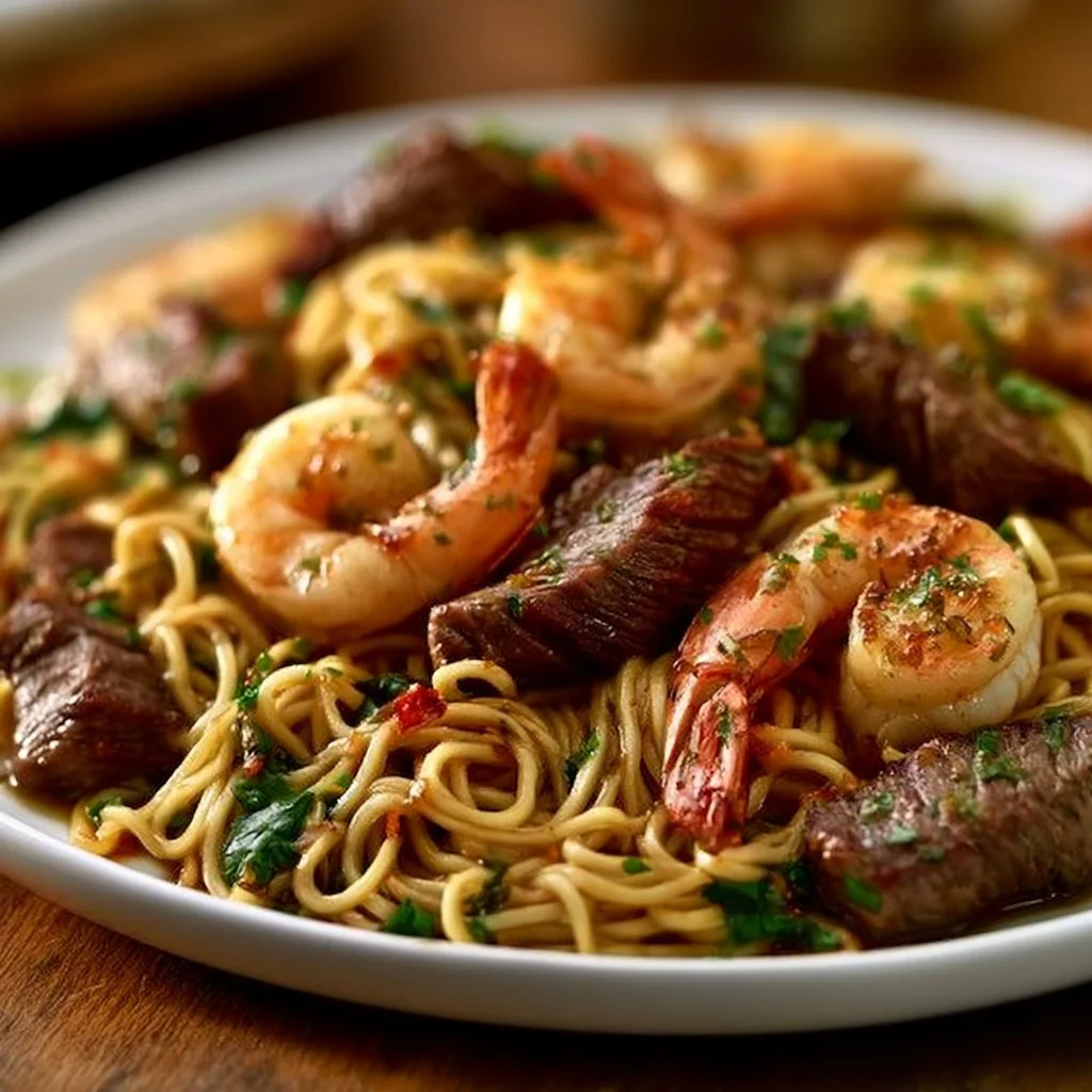 Garlic Butter Steak Shrimp Stir Fry Noodles