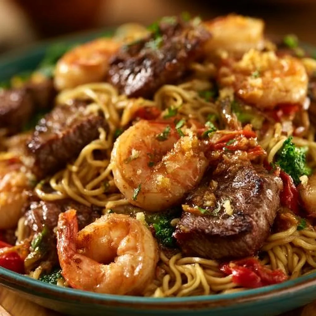 Garlic Butter Steak Shrimp Stir Fry Noodles